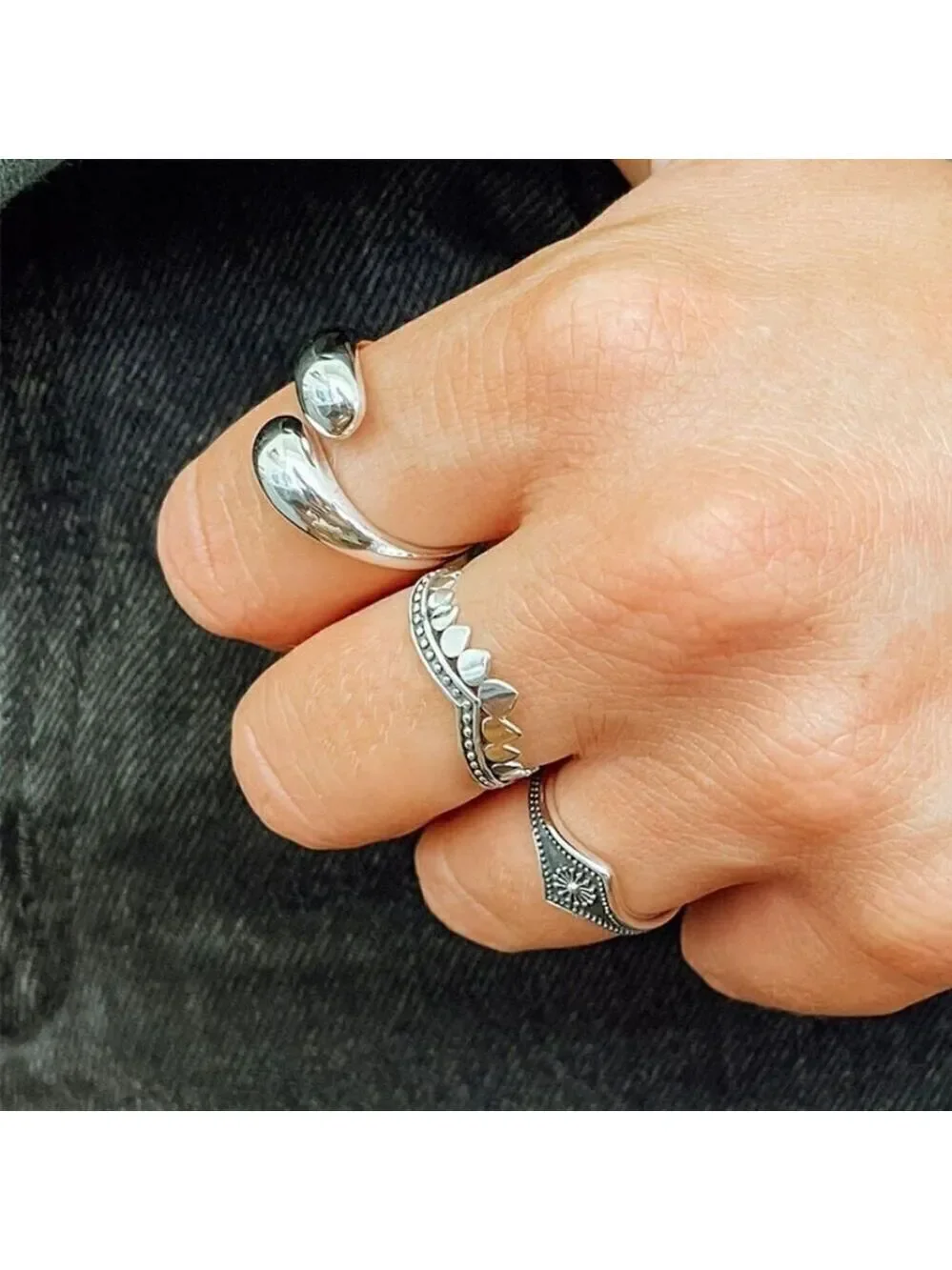 Silver Plated Adjustable Minimalist Drop Band Jewelry Rings